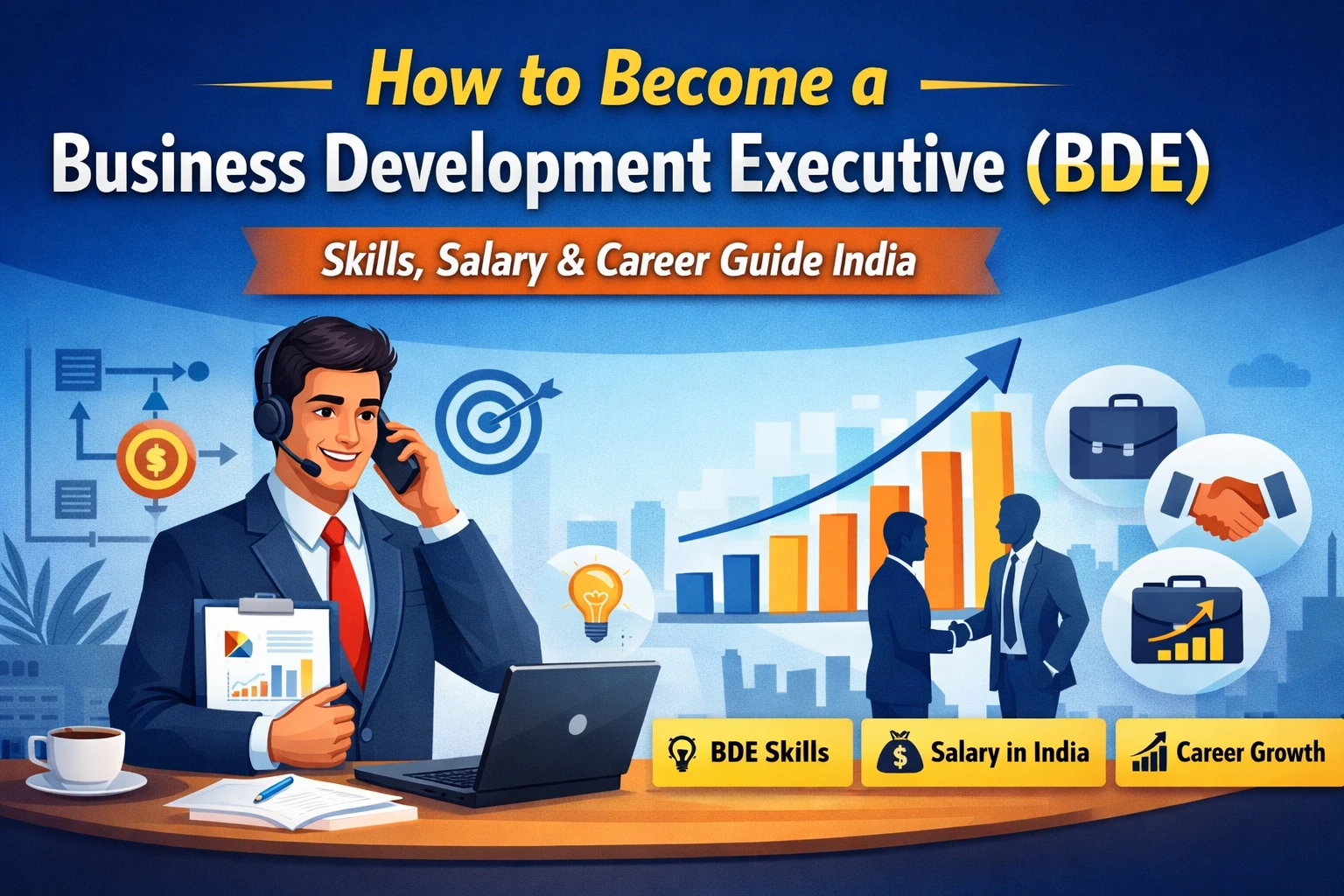 Business Developer Executive working on lead generation, client communication, and sales strategy in a modern office setup