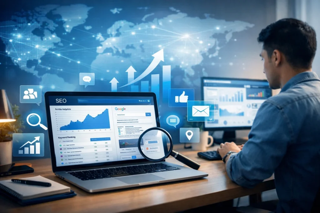 How to start digital marketing career in India step by step roadmap for beginners showing SEO tools, analytics dashboard, and online marketing workflow