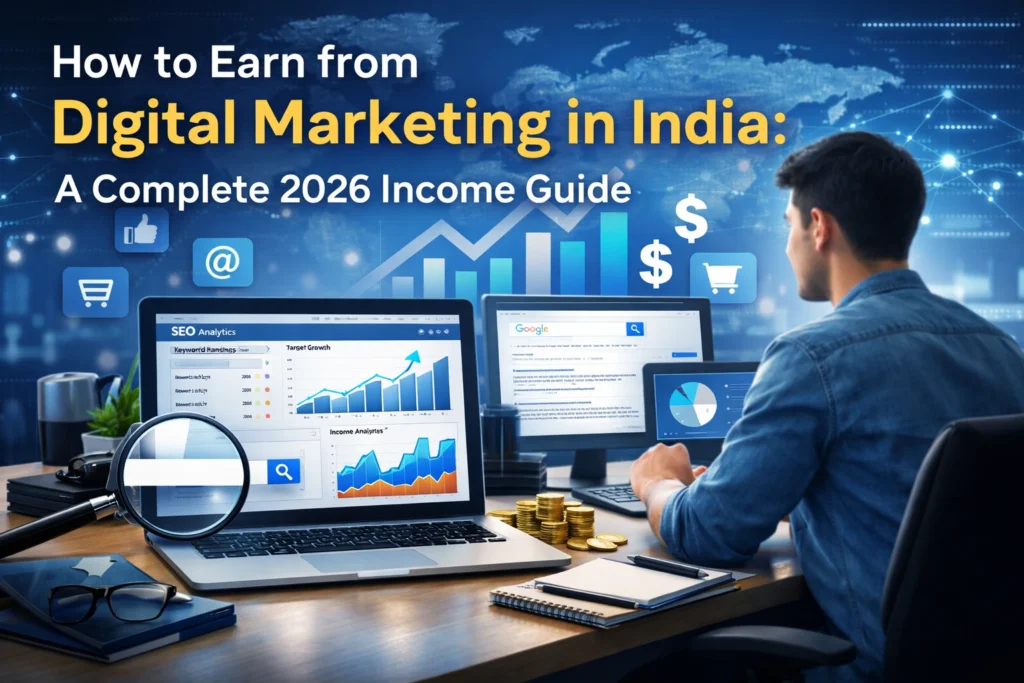 how to earn from digital marketing in India using SEO analytics, online marketing dashboard and digital income strategies workspace