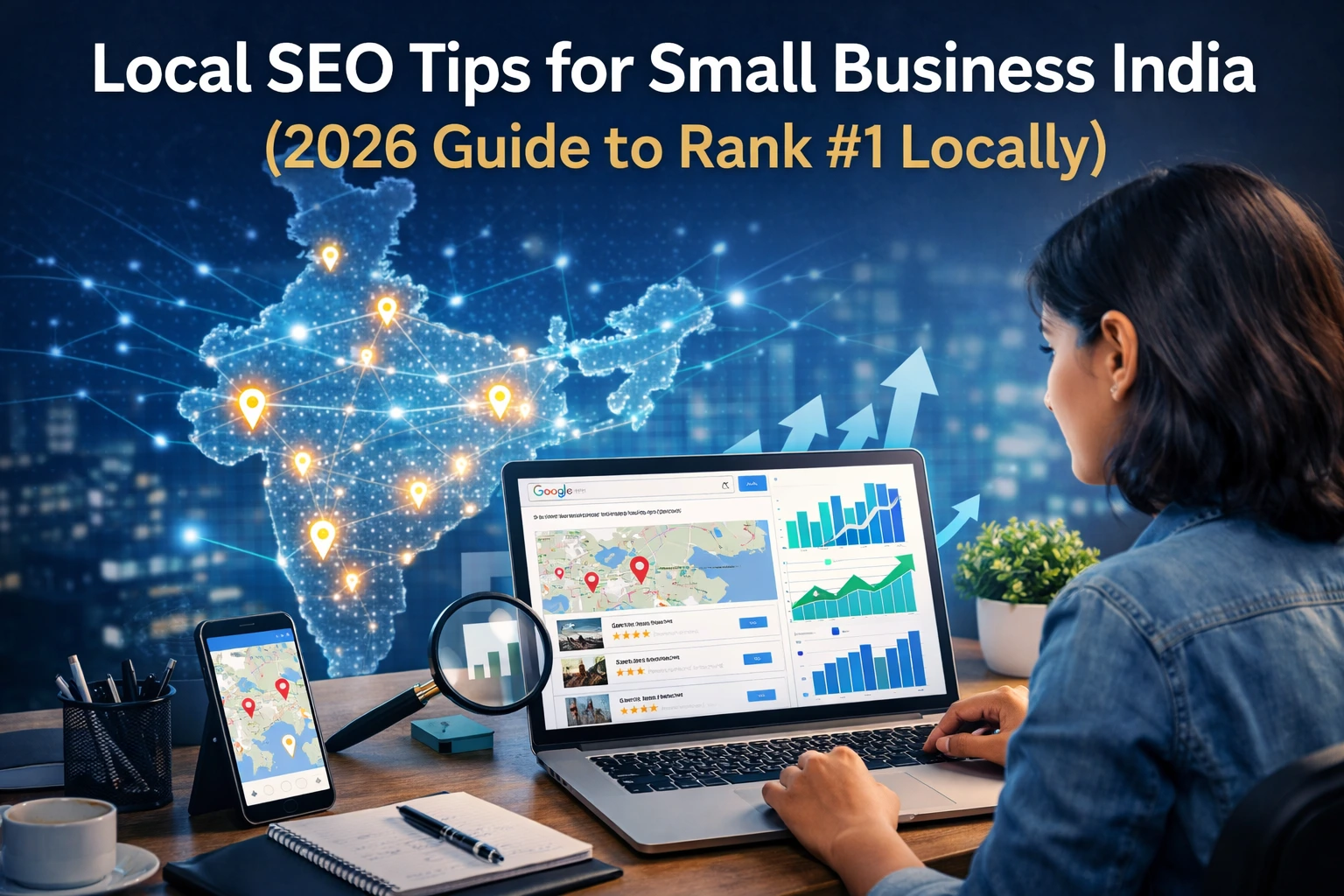 Local SEO tips for small business India showing Google Business Profile optimization, local search rankings, near me SEO results, and small business growth strategy in India