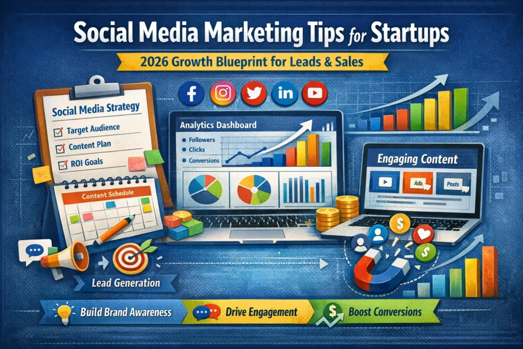 Social media marketing tips for startups showing analytics dashboard, content strategy planning, social media icons, and digital growth graphs for startup marketing success