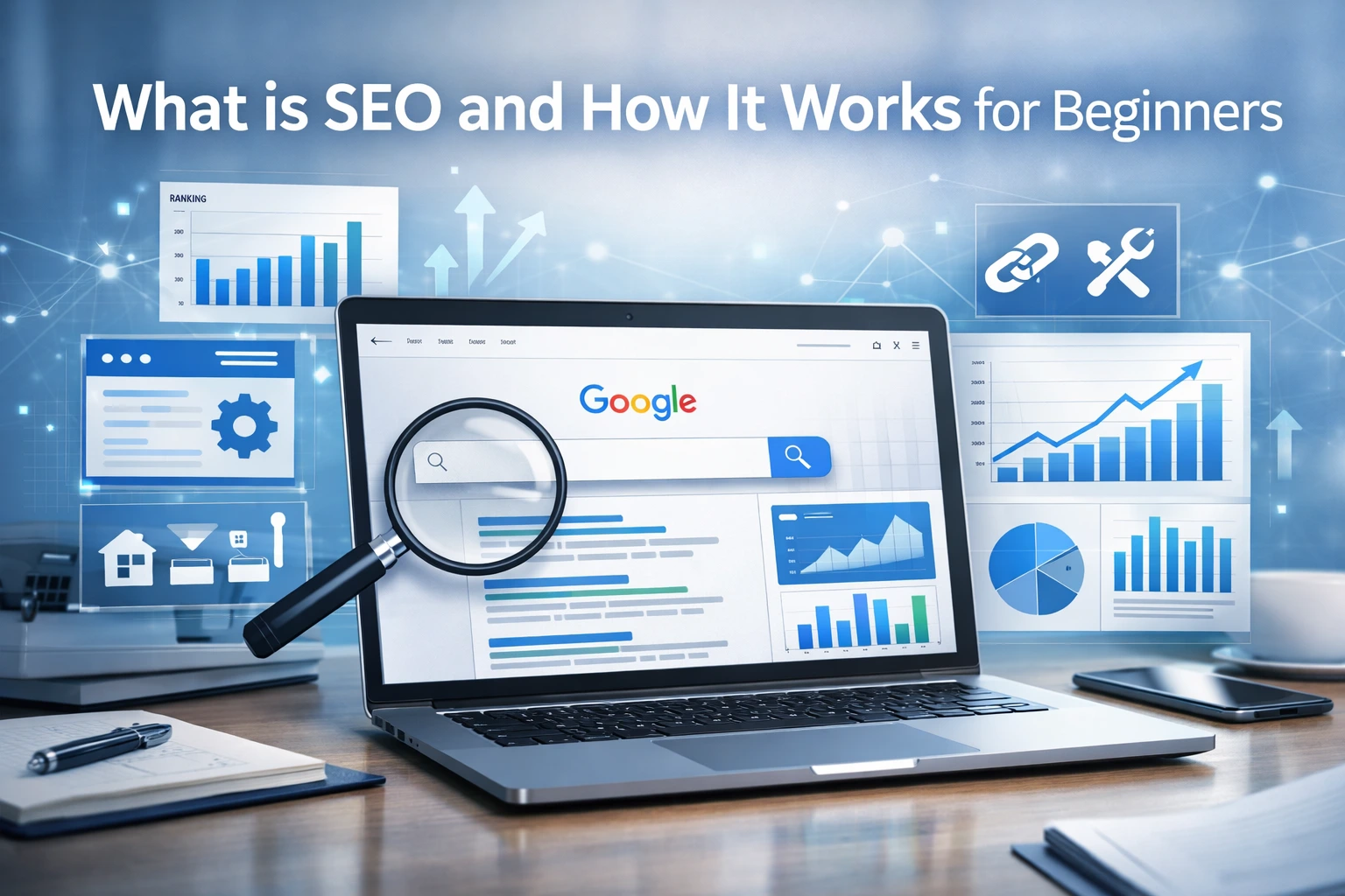 what is SEO and how it works for beginners step by step guide showing search engine optimization process, Google ranking, on page off page technical SEO basics