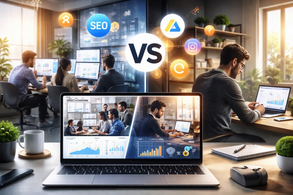 digital marketing agency vs freelancer India comparison illustration