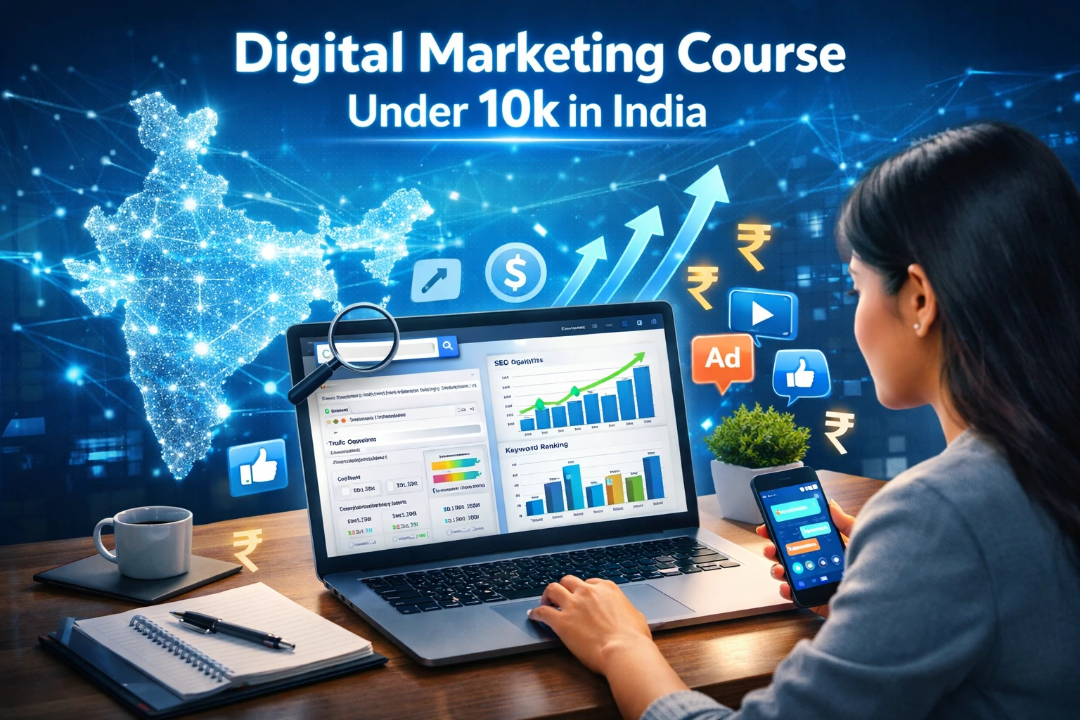 Digital Marketing Course Under 10k in India with SEO analytics dashboard, keyword research tools and online marketing training workspace