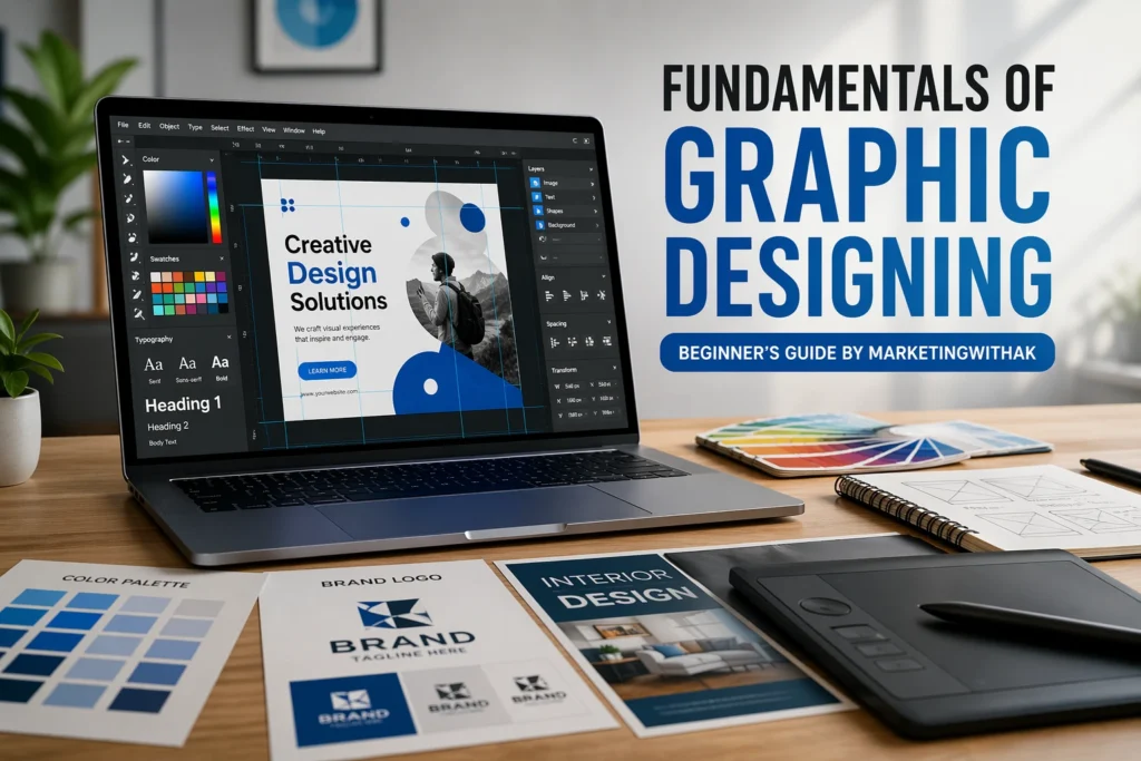 fundamentals of graphic designing workspace with laptop showing design principles