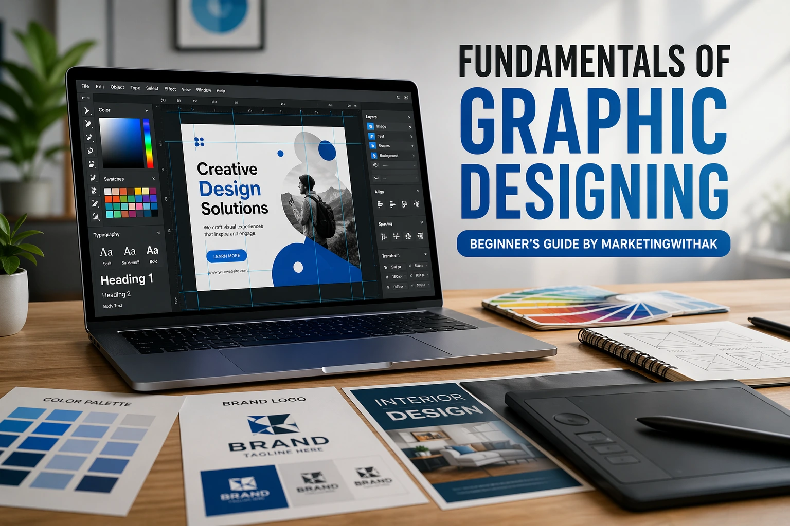 fundamentals of graphic designing workspace with laptop showing design principles