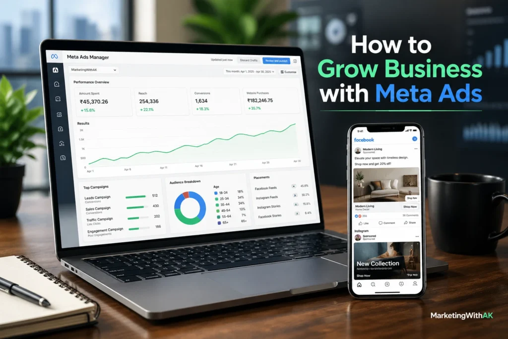 Meta Ads dashboard showing business growth and increasing sales graph