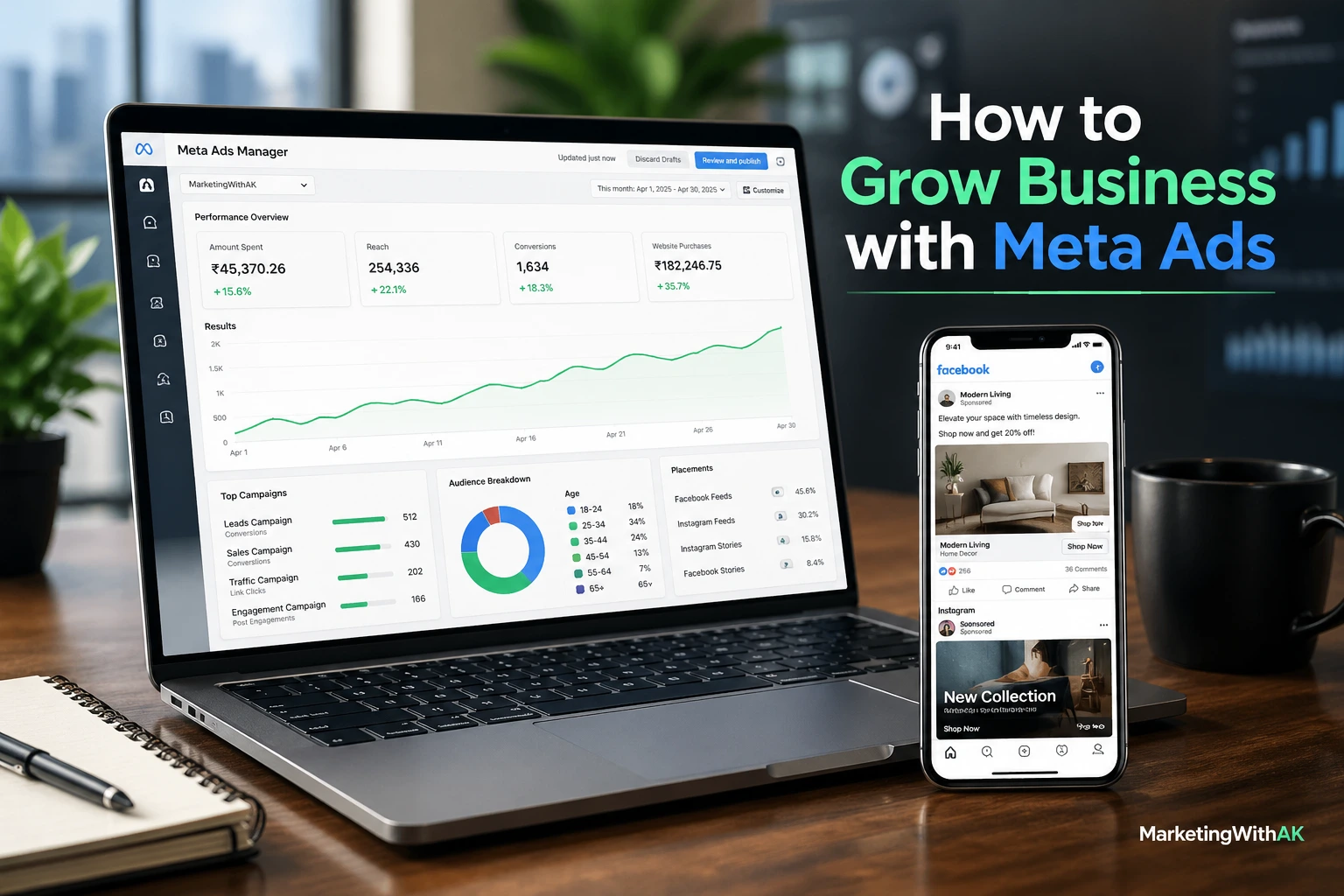 Meta Ads dashboard showing business growth and increasing sales graph