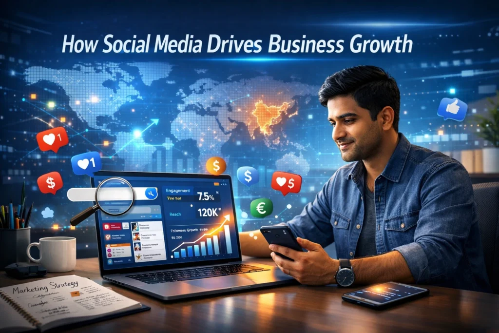 How social media works for business growth showing analytics dashboard, engagement metrics, and digital marketing strategy