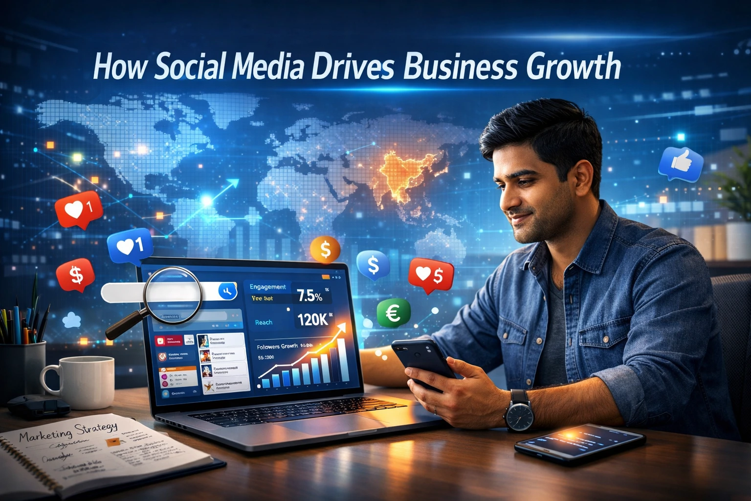 How social media works for business growth showing analytics dashboard, engagement metrics, and digital marketing strategy