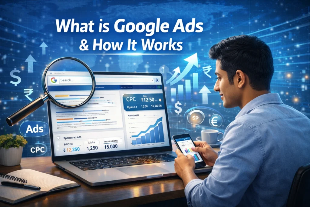 What is Google Ads and how it works showing PPC advertising dashboard, keyword targeting, bidding process, and digital marketing analytics