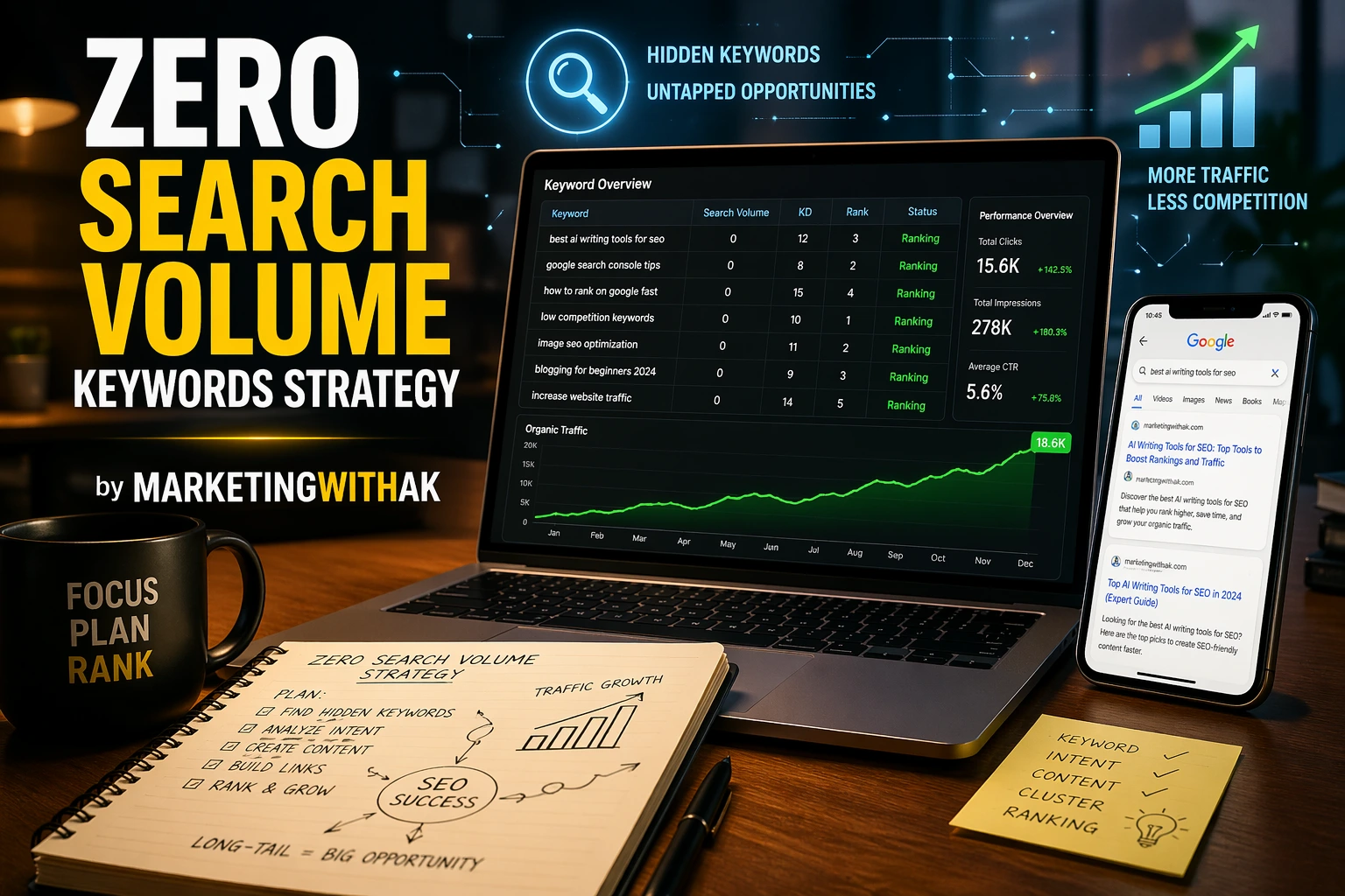 Zero search volume keywords strategy dashboard with MarketingWithAK SEO analytics growth
