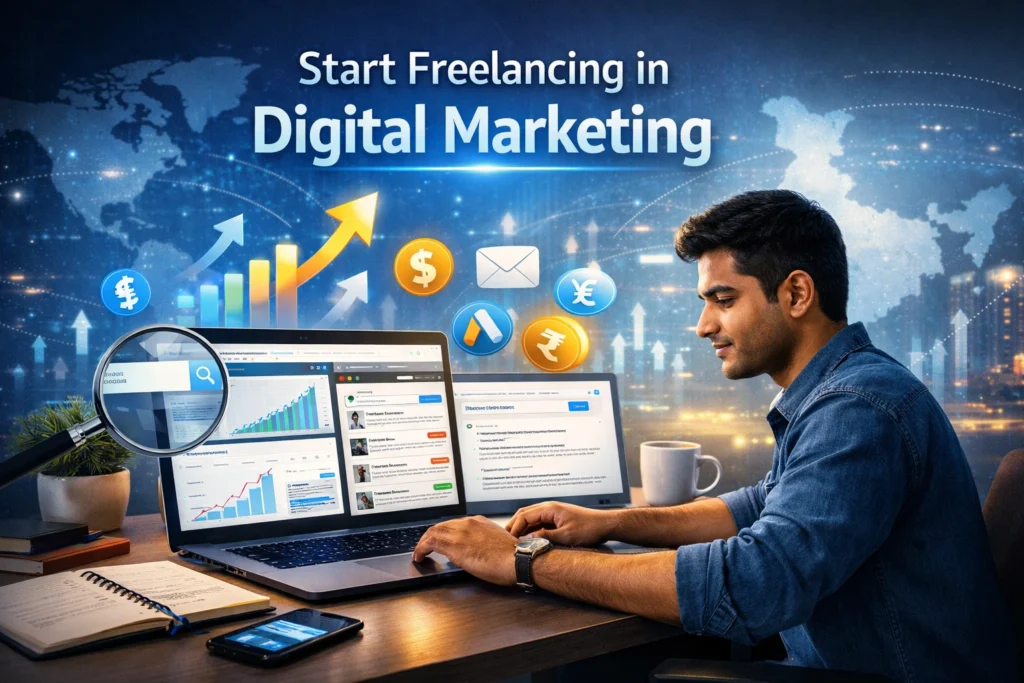how to start freelancing in digital marketing India step by step guide showing laptop workspace with SEO tools, analytics dashboard and online earning concept