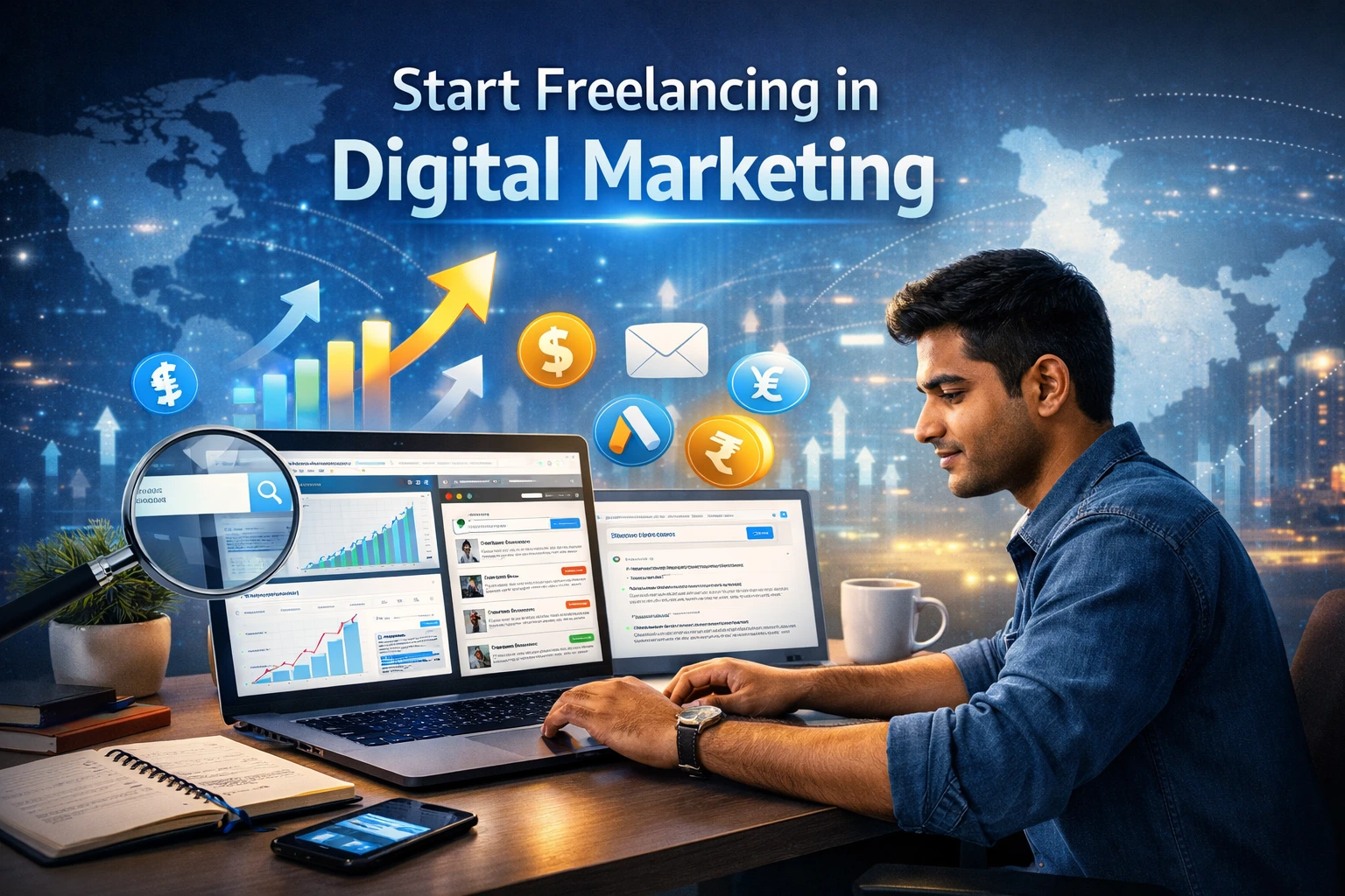 how to start freelancing in digital marketing India step by step guide showing laptop workspace with SEO tools, analytics dashboard and online earning concept