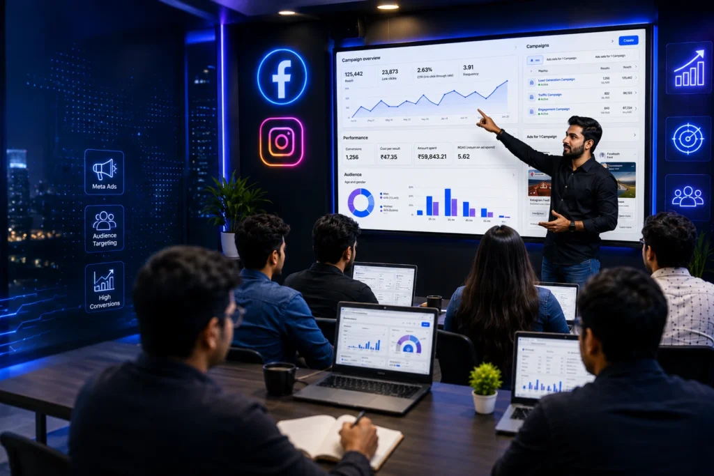 Students learning Facebook and Instagram advertising in a professional Meta Ads course classroom in Aligarh