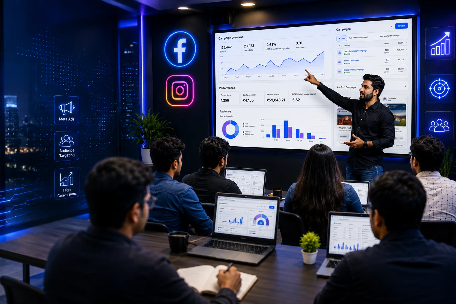 Students learning Facebook and Instagram advertising in a professional Meta Ads course classroom in Aligarh