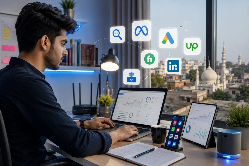 Freelance digital marketer from Aligarh working on SEO, social media marketing, and online client projects from home