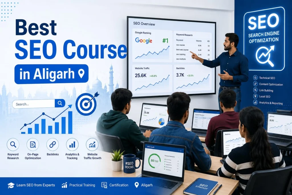 Students learning advanced SEO training in Aligarh with digital marketing and Google ranking concepts