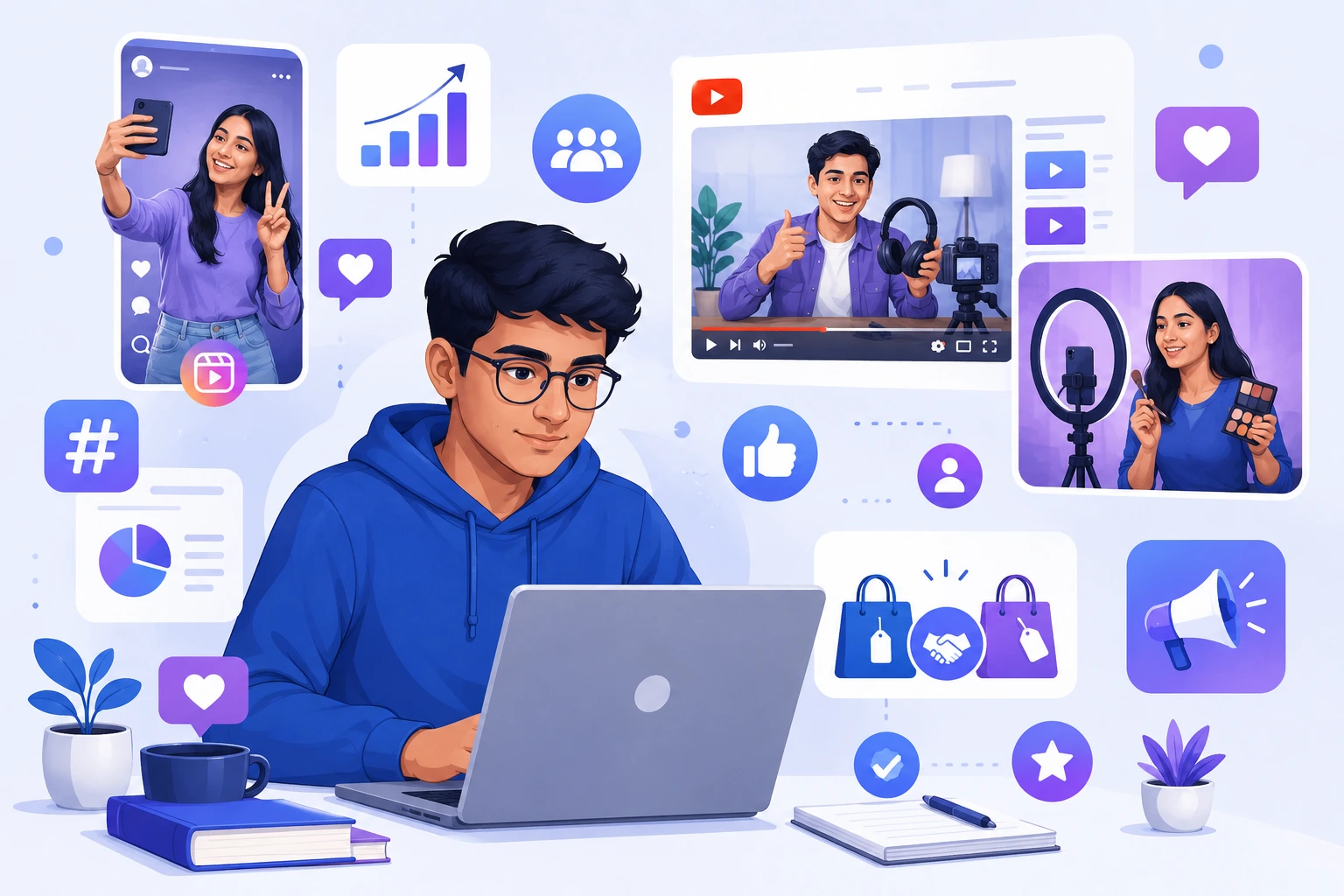 Indian students learning influencer marketing through Instagram and YouTube with social media branding and content creator elements.
